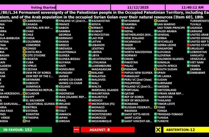  الأمم المتحدة تعتمد قرارًا يؤكد السيادة الفلسطينية على مواردها الطبيعية بما فيها القدس والجولان